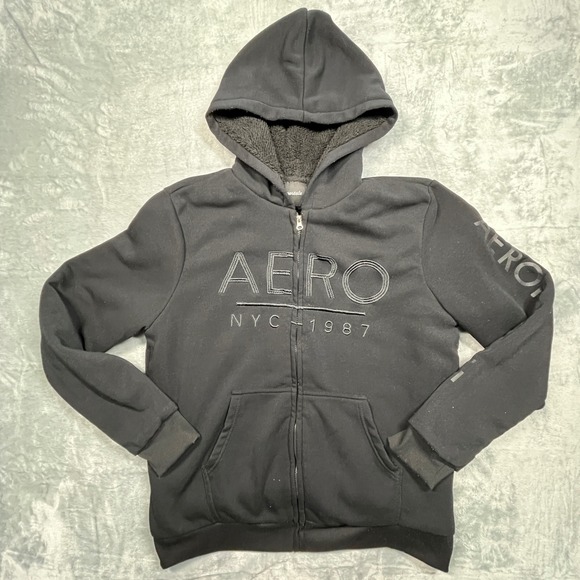 Aeropostale Other - Aeropostale Full Zip Hoodie Mens 2XL Black Sherpa Lined NYC 1987 Graphic Jacket